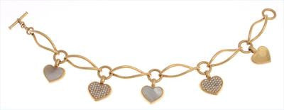 Adorable 18K Yellow Gold Diamond Heart Charm Bracelet. Matching Earrings Available. Two Hearts Are Filled With .015 Ct X .46 Round Diamonds In Each. Total Ct Weight Is Approximately .9Ct.