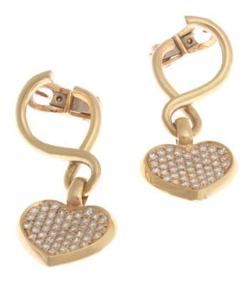 Adorable 18K Yellow Gold Diamond Heart Hanging Earrings. Matching Bracelet Available.