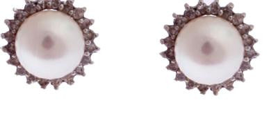 Stylish 14K White Gold 7 Mm Round White Pearl And Diamond Stud Earrings. Pearl Is Surrounded By 20 .002Ct Round Diamonds. The Total Carat Weight For Both Earrings Is Approximately .08Ct.