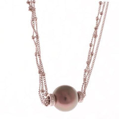 Dainty 14K White Gold Brown Simulated Pearl Pendant With Round Diamonds Set On A Sterling Silver Chain.