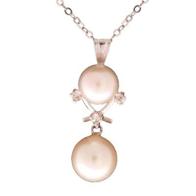 Dainty 14K White Gold Necklace. The Necklace Contains 8.2Mm X 2 Round White Simulated Pearls And .01Ct X 3 Round Diamonds. The Chain Measures 16 Inch. This Dainty Necklace Is Sure To Add Flair To Your Wardrobe.