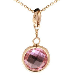 Adorable 14K Yellow Gold Pendant Necklace. The Chain Of The Pendant Is Made Of Sterling Silver With Yellow Gold Overlay. The Pendant Contains One Round Light Pink Stone, Which Hangs From A Cut-Out Circle. T