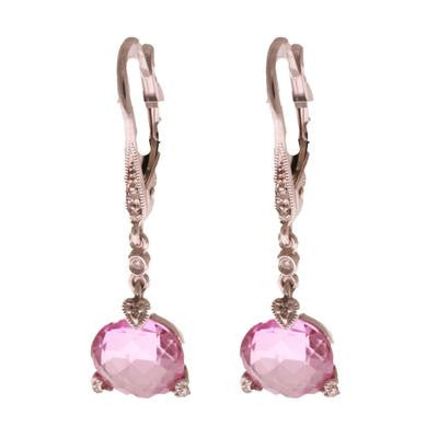 Dainty 14K White Gold Lever Back Style Diamond Earrings With Round Pink Stone Dangling.