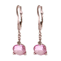 Dainty 14K White Gold Lever Back Style Diamond Earrings With Round Pink Stone Dangling.