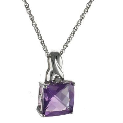 Dainty 14K White Gold 18 Inch Twist Design Style Chain With Approximately 4Ct Princess Cut Shaped Purple Stone Pendant Hanging.