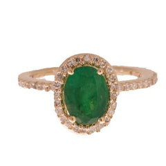 Dainty 14K Yellow Gold Ring With Emerald Stone Oval Shaped Face And Diamonds Around And On Both Sides Of Band Size 5.