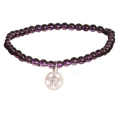 Trendy Amethyst Beaded Style Bracelet. The Bracelet Contains A Sterling Silver Circle Shaped Charm With Flower In Center With Cz This Bracelet Can Be Worn With Various Fashion Colors And Charms From This Col