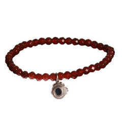 Trendy Carnelian Beaded Style Bracelet. The Bracelet Contains A Sterling Silver Circle Shaped Pendant Hanging With Round Blue Stone In Center. This Bracelet Can Be Worn With Fashion Various Colored And Charms