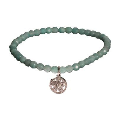 Trendy Amagonite Beaded Style Bracelet. The Bracelet Contains A Sterling Silver Circle Shaped Cz Flower Design Charm Hanging. This Bracelet Can Be Worn With Various Fashion Colors And Charms From This Collect