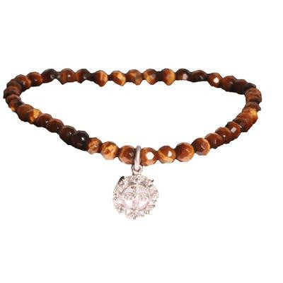 Trendy Tiger Eye Beaded Style Bracelet. The Bracelet Contains A Sterling Silver Circle Shaped Charm Hanging With A Clover Like Design In Center With Cz Design Around. This Bracelet Can Be Worn With Various