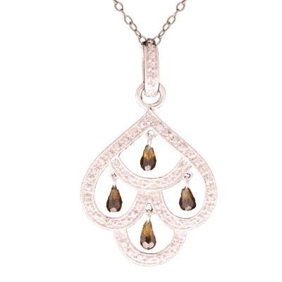 Stylish Sterling Silver With Rhodium Overlay Chandelier Style Hanging Pendant With Cut Out Design And With Olive Green Stones Hanging With Clear Cubic Zirconium Stones Around.
