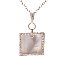 Trendy Sterling Silver With Rhodium Overlay Square Shaped Simulated Pearl Flat Pendant With A Border Of .002Ct X 33 Round Clear Cubic Zirocnia Stone Around.