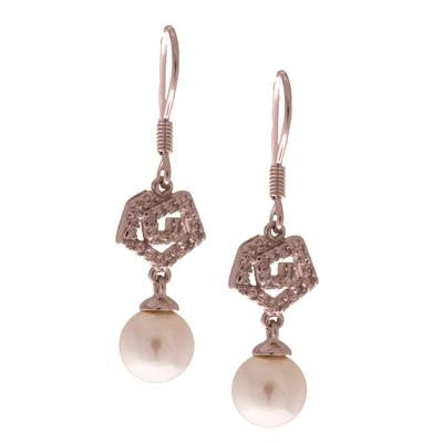 Dainty Sterling Silver With Rhodium Overlay Hanging Earrings With A  Simulated Pearl And An Octagon Swirl Shape Design With Cz Stones. The Simulated Pearl Measures To Approximately 7.7 Mm Wide. These Earrings Close W