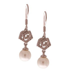 Dainty Sterling Silver With Rhodium Overlay Hanging Earrings With A  Simulated Pearl And An Octagon Swirl Shape Design With Cz Stones. The Simulated Pearl Measures To Approximately 7.7 Mm Wide. These Earrings Close W