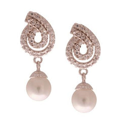 Dainty Sterling Silver With Rhodium Overlay Cz Earrings With Hanging Simulated Pearl. These Earrings Have A Large Cz Swirl Design With A Hanging  Simulated Pearl. The Simulated Pearl Measures Approximately 7.93 Mm In Diameter.