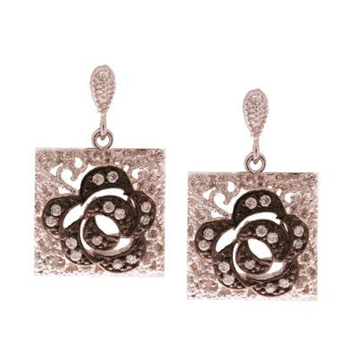 Stunning Sterling Silver With Rhodium Overlay Square Shaped Hanging Earrings. These Earrings Have A Black Rhodium Flower Shape In The Center Of The Square. There Are Round Clear Cz Stones On The Flower Shap