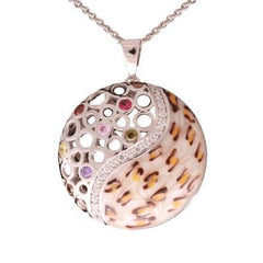 Trendy Sterling Silver With Rhodium Overlay And Enamel Leopard Design Circle Shaped Pendant Necklace. This Pendant Has An 'S' Shaped Design Going Through The Center Of The Circle. The 'S' Shaped Line Is Fil