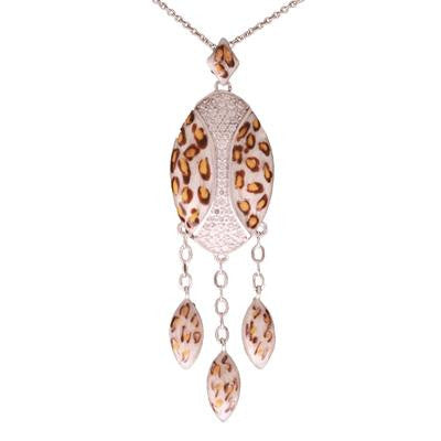 Trendy Sterling Silver With Rhodium Overlay Oval Shaped Pendant With Enamel Leopard Design. This Pendant Is A Large Oval Shaped Pendant That Is Leopard Design. Going Down The Middle Of The Oval Is A Line Th