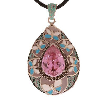 Antique Style Sterling Silver Teardrop Shaped White And Blue Enamel Butterfly Design Cut Out With 19Mm Teardrop Shaped Pink Stone In Center With Parasite Design Around.