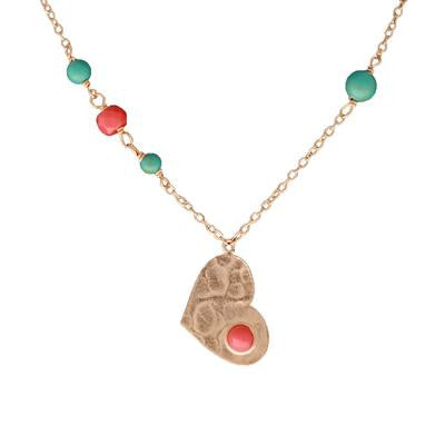 Dainty Sterling Silver With Yellow Gold Overlay 16 Inch Necklace With 1Inch Extender Flat Hammered Heart With Turquoise And Coral Stones.