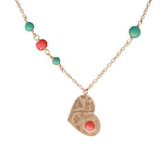 Dainty Sterling Silver With Yellow Gold Overlay 16 Inch Necklace With 1Inch Extender Flat Hammered Heart With Turquoise And Coral Stones.