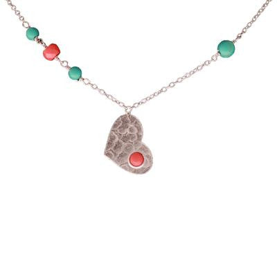 Dainty Sterling Silver With Rhodium Overlay 16 Inch Necklace With 1 Inch Extender. Necklace Contains A Flat Hammered Heart And Turquoise And Coral Stones Around.