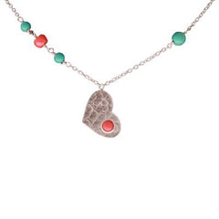 Dainty Sterling Silver With Rhodium Overlay 16 Inch Necklace With 1 Inch Extender. Necklace Contains A Flat Hammered Heart And Turquoise And Coral Stones Around.