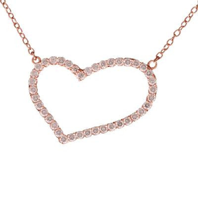 Dainty Sterling Silver With Rose Gold Overlay Heart Shaped Cut Out Design Necklace With Clear Cubic Zirconium Stones Around. The Necklace Measures 16 Inches And Has A One Inch Extender.