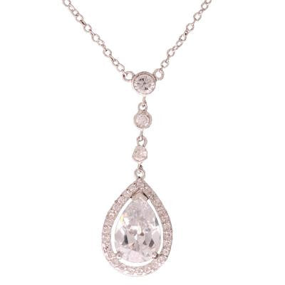 Stylish Brass With Rhodium Overlay Drop Style 16 Inch Necklace With A 2 Inch Extender. The Necklace Contains Cz Stones Along Chain And Has A Pear Shaped Clear Stone In Center.