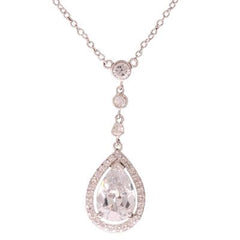 Stylish Brass With Rhodium Overlay Drop Style 16 Inch Necklace With A 2 Inch Extender. The Necklace Contains Cz Stones Along Chain And Has A Pear Shaped Clear Stone In Center.