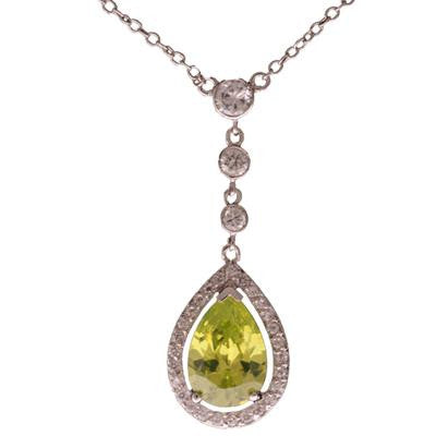Stylish Brass With Rhodium Overlay Drop Style 16 Inch Necklace With 2 Inch Extender. The Necklace Contains Clear Cz Stones Along Chain And Has A Pear Shaped Apple Green Stone Hanging.