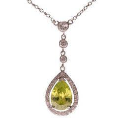 Stylish Brass With Rhodium Overlay Drop Style 16 Inch Necklace With 2 Inch Extender. The Necklace Contains Clear Cz Stones Along Chain And Has A Pear Shaped Apple Green Stone Hanging.