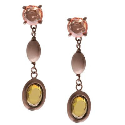 Trendy Sterling Silver With Black Rhodium Overlay Dangling Earrings. The Earrings Contain A Round Champagne Stone And Oval Shaped Olive Green Stone Hanging.