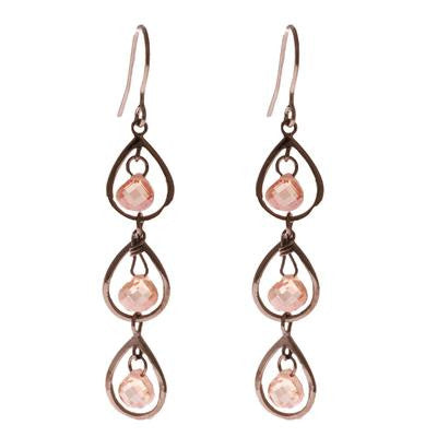 Trendy Sterling Silver With Black Rhodium Overlay Triple Teardrop Shaped Champagne Stone Dangling Earrings.