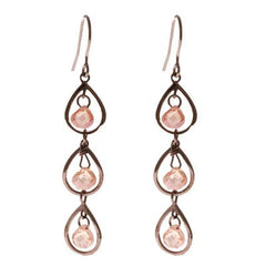 Trendy Sterling Silver With Black Rhodium Overlay Triple Teardrop Shaped Champagne Stone Dangling Earrings.