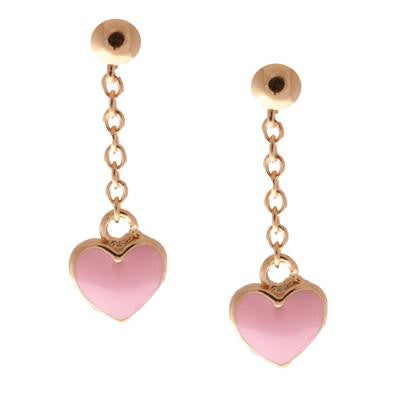 Adorable Sterling Silver With Yellow Gold Overlay Pink Enamel Heart Shaped Drop Girls Earrings.