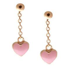 Adorable Sterling Silver With Yellow Gold Overlay Pink Enamel Heart Shaped Drop Girls Earrings.