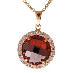 Dazzling Sterling Silver With Yellow Gold Overlay Round Orange Stone Pendant With Clear Cubic Zirconium Stones Around. Matching Earrings Available.