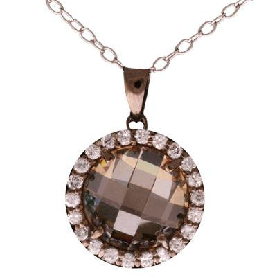 Dazzling Sterling Silver With Black Rhodium Overlay Round Champagne Stone Pendant With Clear Cubic Zirconium Stones Around. Matching Earrings Available.