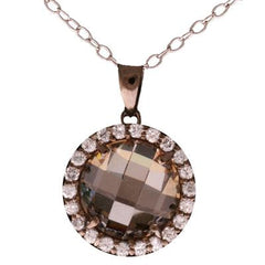 Dazzling Sterling Silver With Black Rhodium Overlay Round Champagne Stone Pendant With Clear Cubic Zirconium Stones Around. Matching Earrings Available.