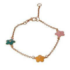 Adorable Sterling Silver With Yellow Gold Overlay Yellow Blue And Pink Flower Shaped Enamel Girls Bracelet. The Bracelet Measures 5.5 Inch And Has A .75 Inch Extender.