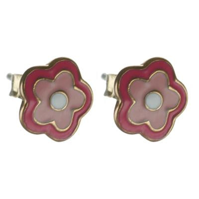 Dainty Sterling Silver With Yellow Gold Overlay Hot Pink And Light Pink Flower Shaped Enamel Stud Earrings.