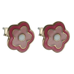 Dainty Sterling Silver With Yellow Gold Overlay Hot Pink And Light Pink Flower Shaped Enamel Stud Earrings.