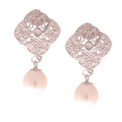 Dazzling Sterling Silver With Rhodium Overlay Dangling 7.5-8Mm  Rice Simulated Pearl And Clover Like Shaped Cut Out Design Piece Attached With Clear Cubic Zirconium