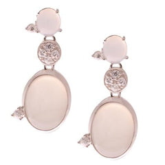 Stylish Sterling Silver With Rhodium Overlay Triple Oval Shaped Chalcedony And Cubic Zirconium Hanging Earrings. Matching Pendant Available.