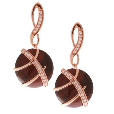 Trendy Sterling Silver With Rose Gold Overlay Twisted Style Earrings. The Earrings Contain A Round Flat Tiger Eye Stone With Raised Lines Across Stone With Clear Cubic Zirconium Stones. Matching Pendant Avai