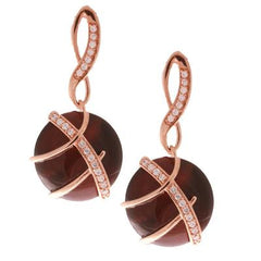 Trendy Sterling Silver With Rose Gold Overlay Twisted Style Earrings. The Earrings Contain A Round Flat Tiger Eye Stone With Raised Lines Across Stone With Clear Cubic Zirconium Stones. Matching Pendant Avai