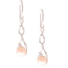 Dangling Sterling Silver With Rhodium Overlay Double Teardrop Like Shaped Earrings With 7.5-8Mm Peach Button Simulated Pearl Earrings. Matching Pendant Available.
