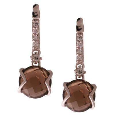 Dainty Sterling Silver With Rhodium Overlay Clear Cubic Zirconium Stick Earrings With Round Smokey Quartz Hanging With Line Design Above. Matching Pendant Available.