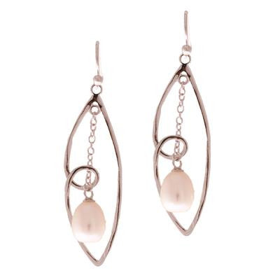Trendy Sterling Silver With Rhodium Overlay Large Marquise Shaped Cut Out Hanging Hook Back Earring With 7.5-8Mm Rice Shaped  Simulated Pearl Hanging In Center. Matching Pendant Available.